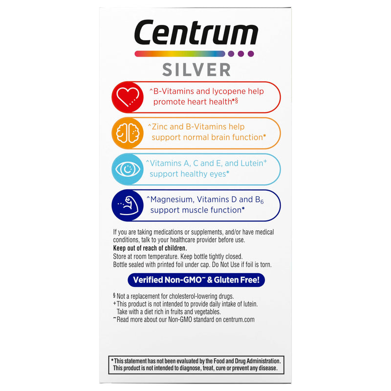 Centrum Silver Men's Multivitamin for Men 50 and Over, 100 Tablets | Contains Vitamins D3, E, B6, and B12, Gluten Free, Non-GMO Ingredients, GLP-1 Support New 100 Count (Pack of 1)