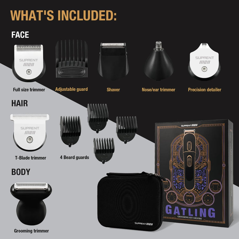 [Australia] - SUPRENT Beard Trimmer for Men - 16 Pieces Mens Grooming Kit with Electric Beard Trimmer, Adjustable Hair Trimmer, Hair Clippers, Razors for Beard, Hair, Body, Groin, Nose & Ear, Waterproof IPX7 