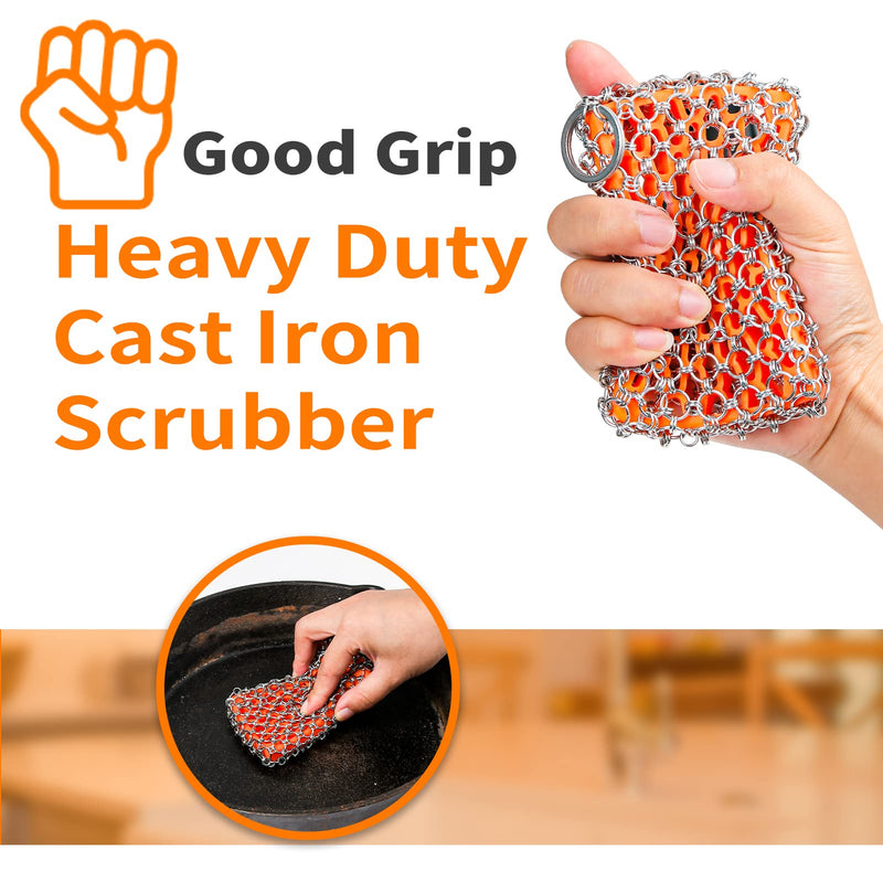 [Australia] - [Dual-use] Cast Iron Scrubber Cleaner-Stainless Steel Chain Mail | Silicone Support Chainmail Scrubber-Detachable Cast Iron Pan Pot Skillet Griddle Cleaning Kit-Scrubbing Pad to Clean Dutch Oven, Wok 316L Chain Mail Wrap+ Orange Silione pad 