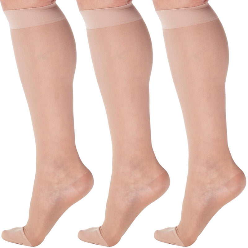 (3 Pairs) Made in USA - Medical Sheer Compression Socks for Women Circulation 15-20mmHg Large Nude