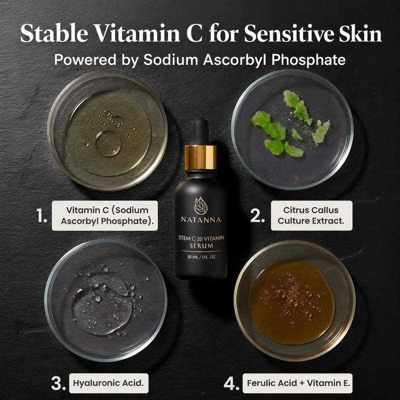 Vitamin C Serum with Sodium Ascorbyl Phosphate – Natanna STEM C-20 – Gentle Face Serum for Sensitive Skin – Stable Vitamin C, Lightweight & Fast Absorbing – 1 fl oz / 30 ml