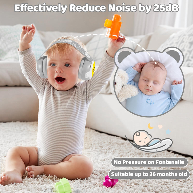 Baby Ear Muffs with Bear Design,Toddler Noise Cancelling Headphones,Ear Protection Headphones for Infant and Newborn 0-36 Months,25dB NRR Babies Ear Muffs for Noise Reduction ,Sleep/Travel Essential Gray