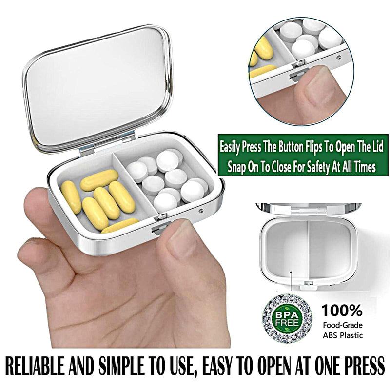 ABLESKY Pill Box, 2 Compartment Pill Organizer Case for Pocket or Purse, Small Portable Metal Travel Medicine Box with Mirror, Daily Vitamins Fish Oil Container-Cherry Pink Bow with Red Lips Cherry Pink Bow With Red Lips