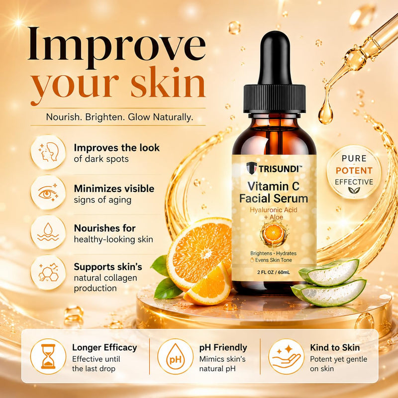 Trisundi® Vitamin C Facial Serum with Hyaluronic Acid & Aloe, Lightweight Hydrating Face Serum for Daily Skincare, Suitable for All Skin Types, 2 fl oz (60 mL)