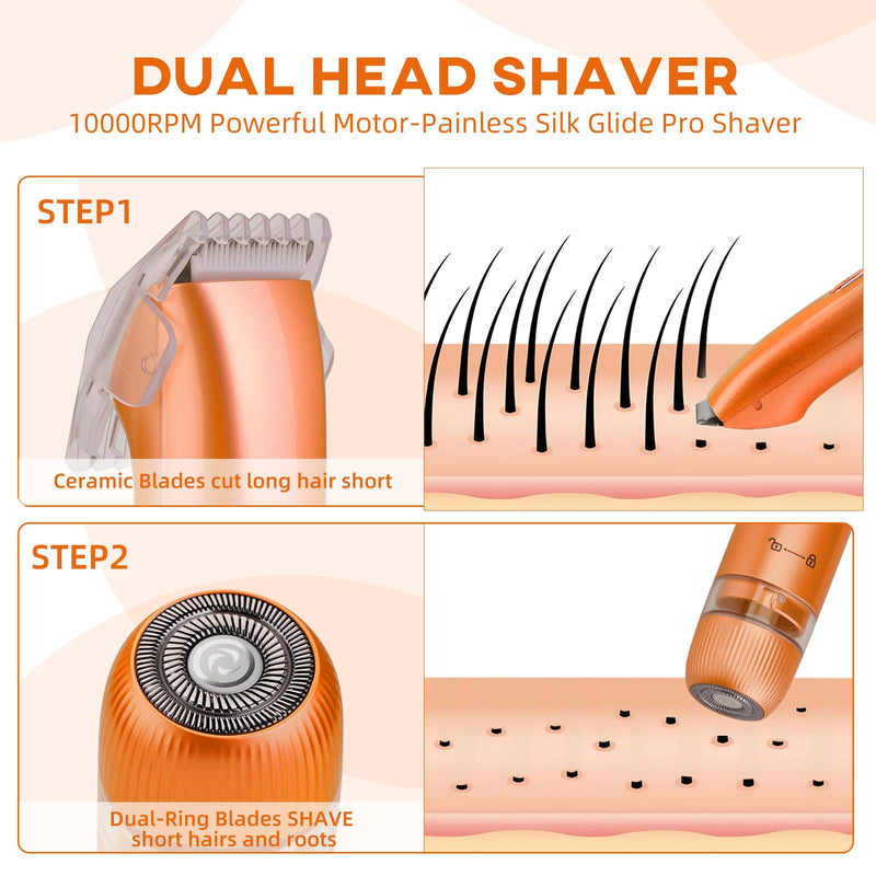Bikini Trimmer for Women,Dual Head Shaver, IPX7 Waterproof, Compact Travel Design Bikini Shaver for Public Hair, Facial and Body(Orange) Orange