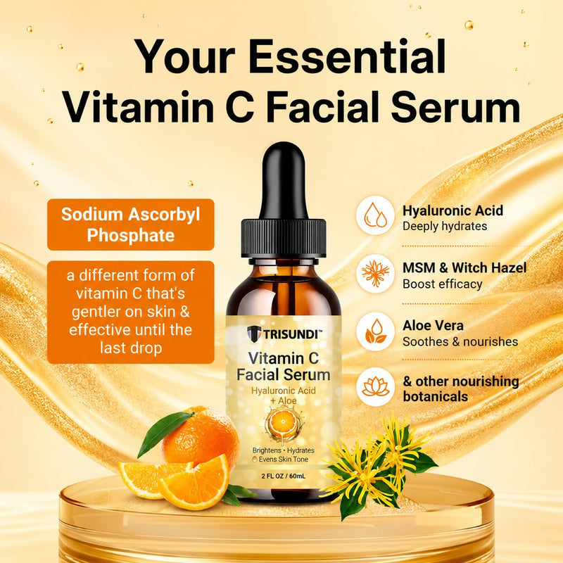 Trisundi® Vitamin C Facial Serum with Hyaluronic Acid & Aloe, Lightweight Hydrating Face Serum for Daily Skincare, Suitable for All Skin Types, 2 fl oz (60 mL)
