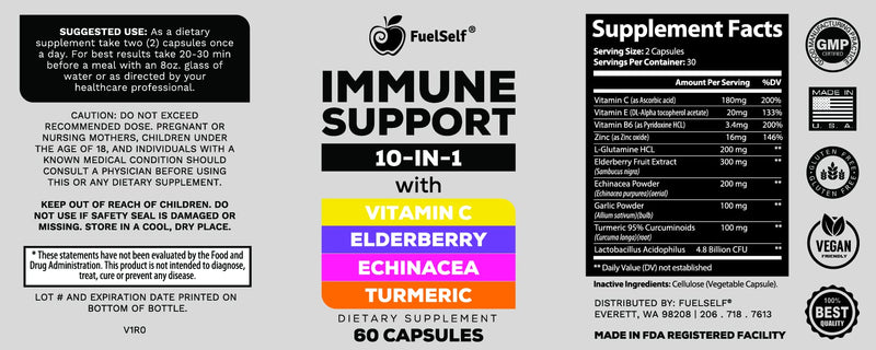 Immune Support Booster Supplement with Elderberry, Vitamin C, Echinacea, Turmeric Curcuminoids, Vitamin E, Vitamin B6, Zinc, L-Glutamine HCL, Garlic, Lactobacillus Acidophilus :: 60 Count, 1 Pack