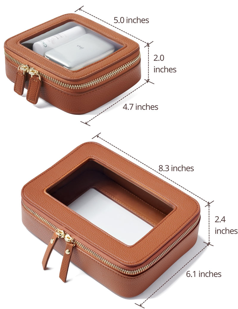Clear Makeup Case Toiletry Bag Travel Medium Clear Cosmetic Bag with Zipper, Make Up Bag Organizer Traveling TSA Approved Transparent Bag Car for Essentials, Mini & Medium, Brown