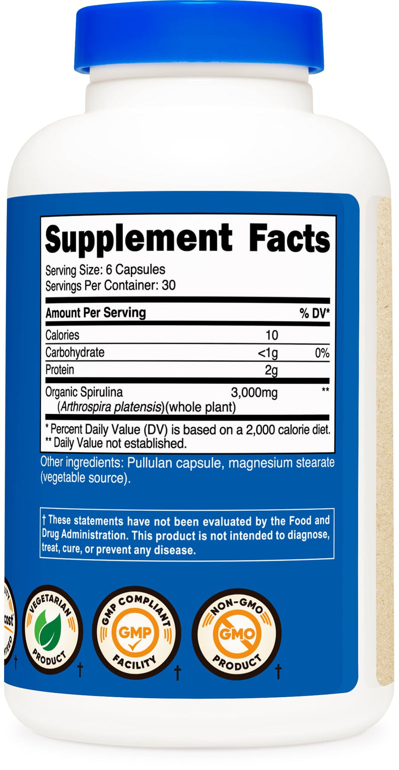 Nutricost Spirulina 3,000mg, 180 Capsules - CCOF Certified Made with Organic Spirulina, Gluten Free, Vegetarian 180 Count (Pack of 1)