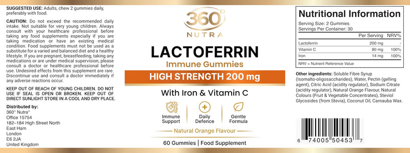 Lactoferrin Gummies 200mg – High Strength Chewable Lactoferrin – with Iron & Vitamin C – No Tablets – Orange Flavour – 60 Gummies (30 Day Supply) – Adults UK