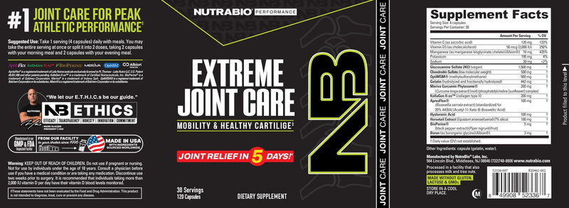 [Australia] - NutraBio Extreme Joint Care - Joint Support Supplement for Joint Relief, Pain-Free Movement - Joint Health Supplement, Supports Joints, Mobility, and Cartilage - 120 Capsules 