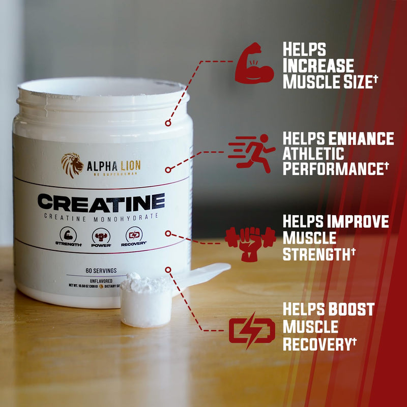 [Australia] - ALPHA LION Creatine Monohydrate Powder, 5000mg Per Serving (5g), Supports Muscle Strength, Power, Athletic Performance, Pure Creatina Monohydrata en Polvo Supplement (60 Servings, Unflavored) 