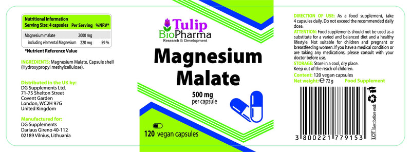 Tulip BioPharma Magnesium Malate 2,000mg | 120 Vegan Capsules | 1-Month Supply | Bioavailable Daytime Magnesium with Malic Acid, No Fillers | 3rd Party Lab Tested