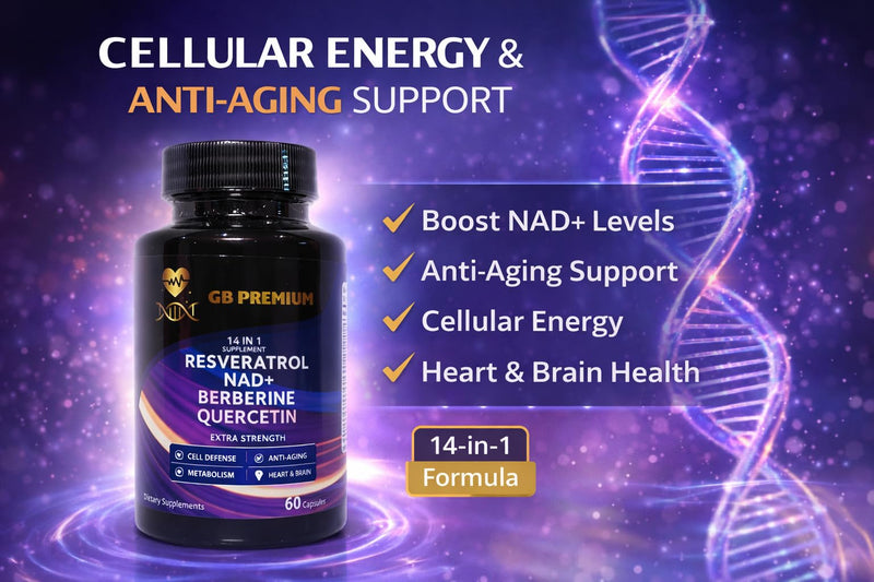 Resveratrol NAD+ Berberine Quercetin Supplement, 14-in-1 High Strength Complex, 60 Capsules