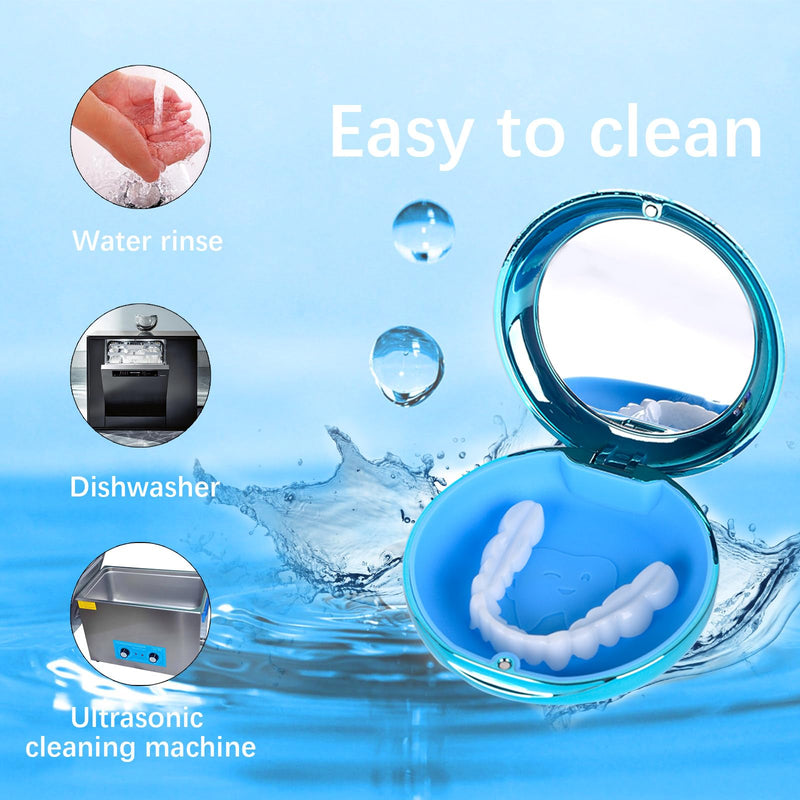 Electroplated Denture Case with Mirror, Portable Retainer Case Compatible with Transparent Braces, Mouth Guard, Orthodontic Retainers, Braces Box Organize and Protect Oral Supplies (Blue) Blue