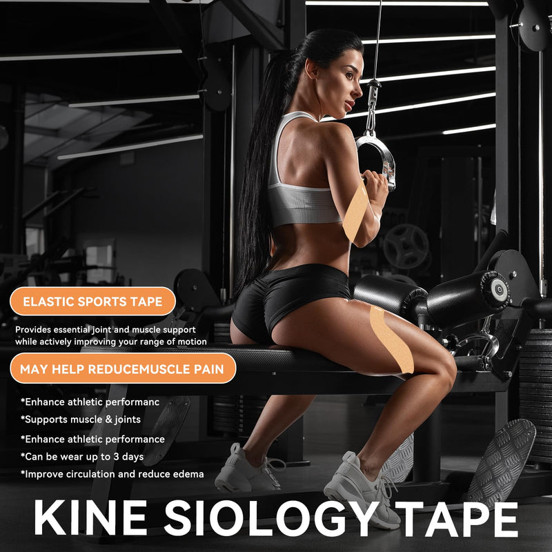 Precut Kinesiology Tape - 60 Strips (3 Rolls) | Waterproof Kinesiology Tape for Muscle & Joint Support, Athletic Knees, Shoulders, Back Pain Relief | Sport Tape for Weightlifting, Running 3 ROLL Beige