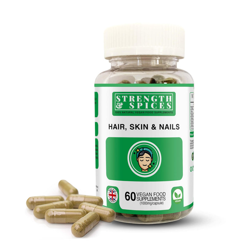 Strength & Spices Hair, Skin & Nails 100% Natural Supplement – 20 Ingredients w Biotin Selenium & Zinc - 60 Vegan UK Made 1000mg Capsules – Hair & Nails Growth, Collagen Formation
