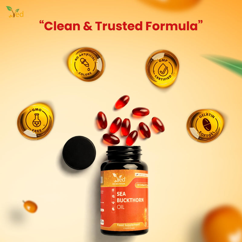 VED Sea Buckthorn Oil Soft Capsules | Boost Immune System | Omega-7 500 mg | 120 Softgels.
