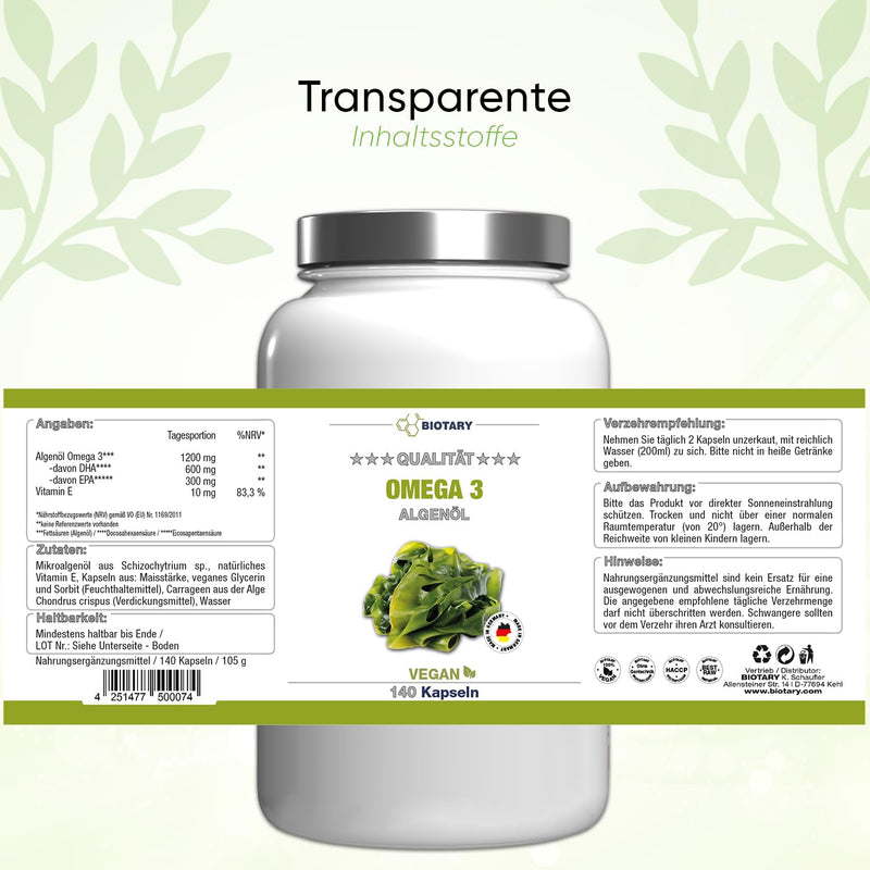 [Australia] - Omega 3 Vegan from Algae Oil 140 Softgel Capsules | 600 DHA & 300 EPA+ Vitamin E | approx. 3 months supply, including pill box | laboratory tested | high bioavailability 140 pieces (pack of 1) 
