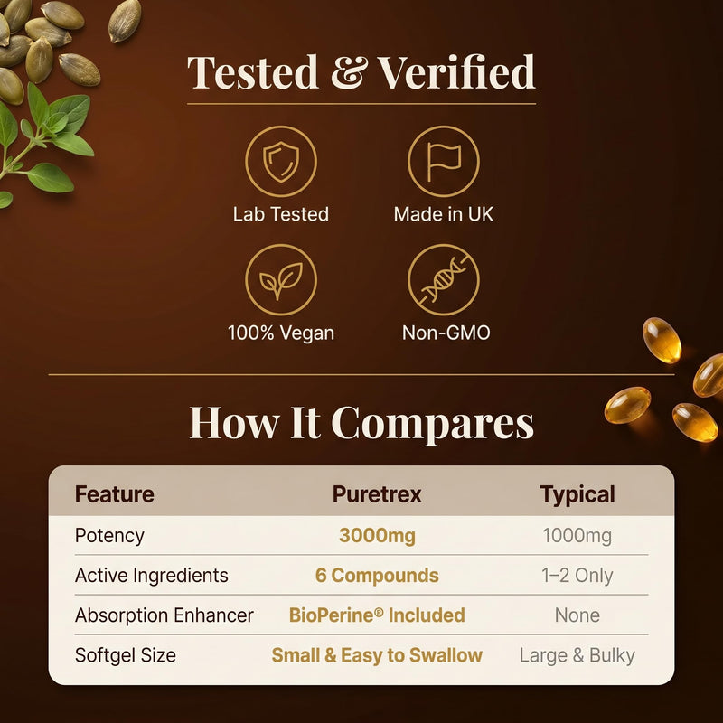 PURETREX Pumpkin Seed Oil 3000mg Softgels, Zinc Beta Sitosterol Lycopene Complex, Plant Based Daily Nutrition Supplement, Omega Rich Formula, Clean Non GMO, Made in UK, 180 Vegan Softgels