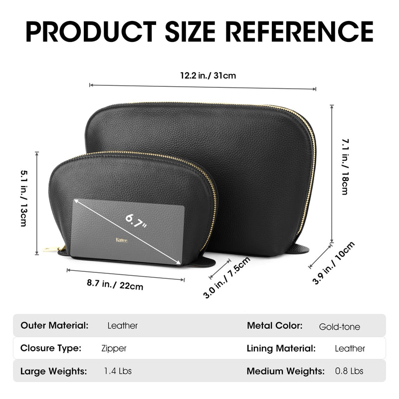Kattee Leather Makeup Bag Set for Women, 2 Pack, Black | Two leather travel cosmetic bags for makeup, toiletries, and daily essentials. 2-Pack, Medium+Large