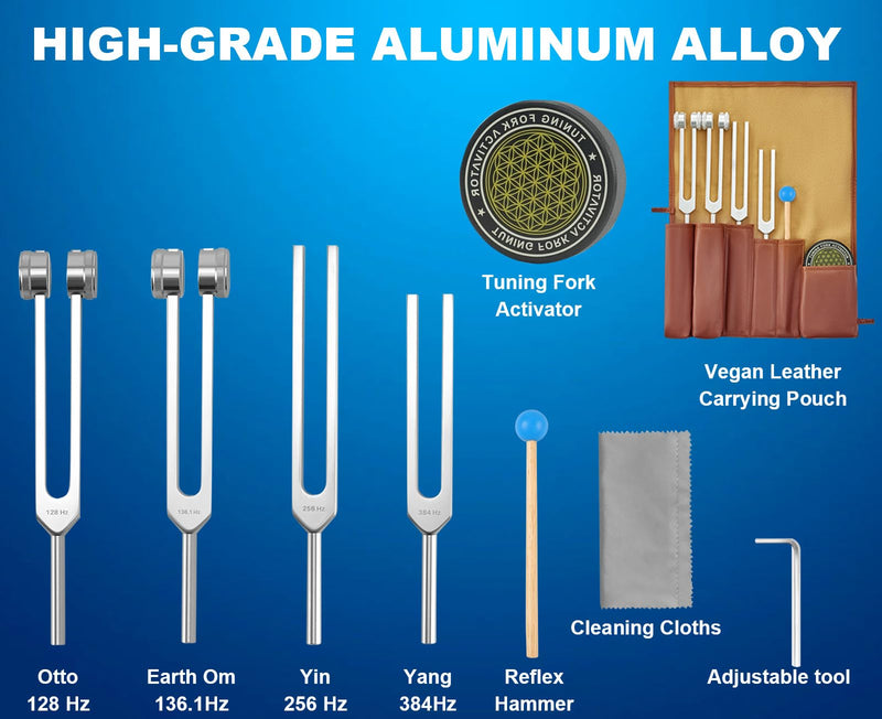 [Australia] - Tuning Forks for Healing Set, 128Hz, 136Hz, 256Hz, 384Hz & Activator for Healing Chakra Set Sound Healing Therapy Aluminum Alloy Sensory Tuning Fork Activator for Healing, Therapy Non Magnetic 
