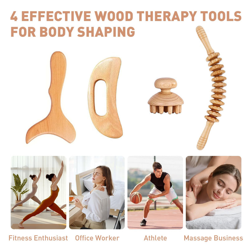 [Australia] - Wood Therapy Massage Tools 4 in 1, Lymphatic Drainage Massager, Wooden Maderoterapia Kit Body Sculpting Tools for Muscle Pain Relief, Anti-Cellulite Body Shaping 