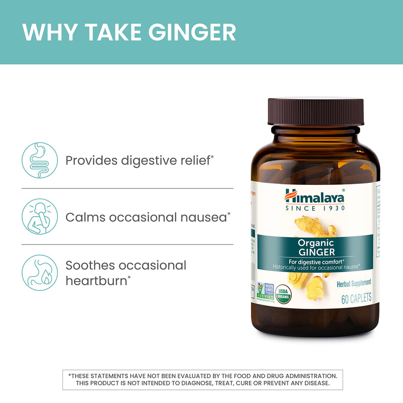 [Australia] - Himalaya Organic Ginger, 60 Day Supply - Digestive Health Supplement for Nausea, Upset Stomach Relief, and Occasional Bloating and Heartburn - USDA Organic, Vegan, Non-GMO, Gluten Free, 60 Caplets 