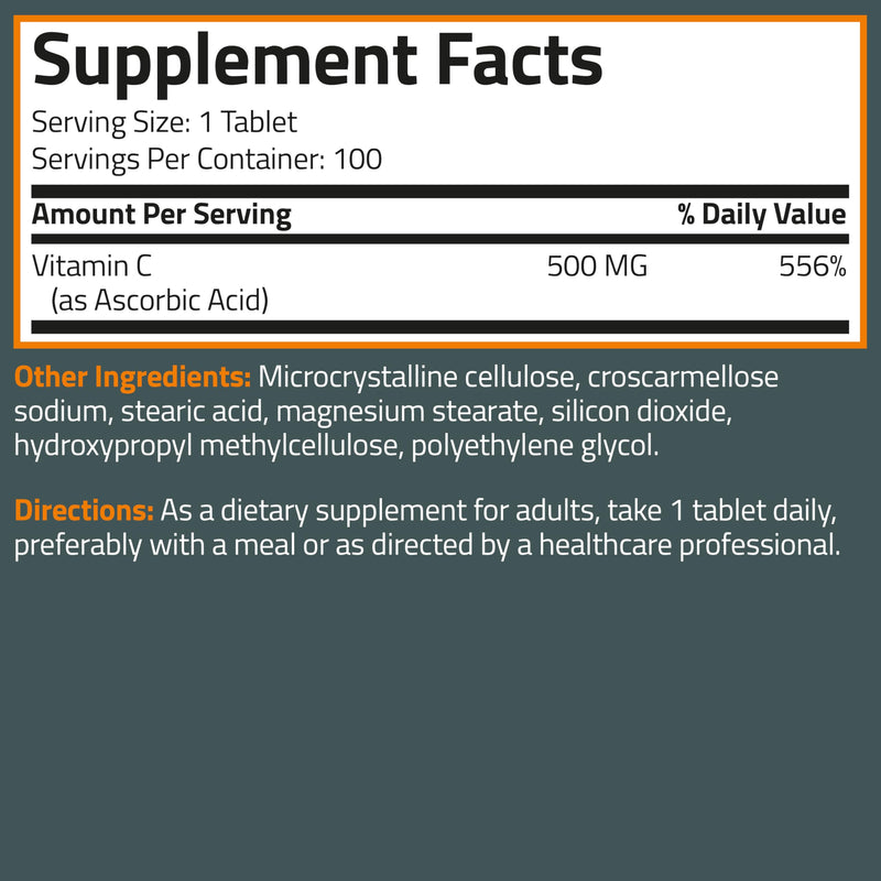 Bronson Vitamin C 500 mg Immune & Antioxidant Support, Non-GMO, 100 Tablets | Daily Vitamin C Replenishment, Vegetarian Formula, Gluten-Free & Soy-Free 100 Count (Pack of 1)