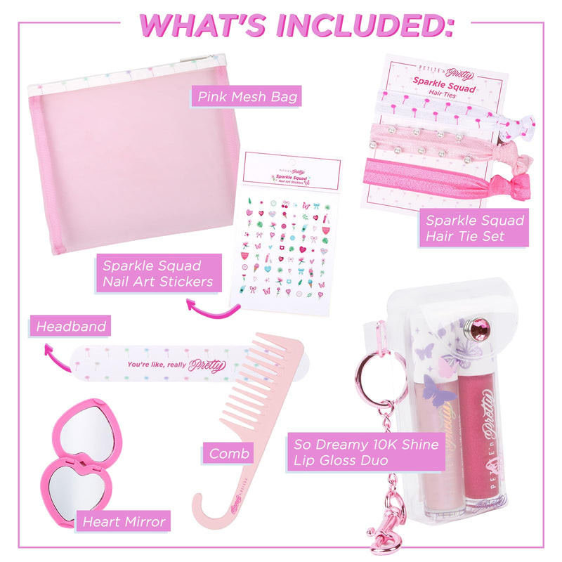 [Australia] - Petite N Pretty All in One Makeup Set for Kids, Tweens and Teens – Pink Mesh Bag with Lip Gloss Keychain, Hair Ties, Nail Decals, Headband, Heart Mirror, Nail File, Comb – Perfect Travel Kit & Gift 