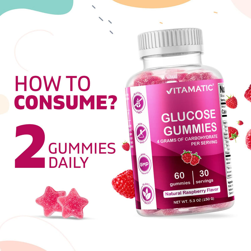 [Australia] - Vitamatic Glucose Chweble Gummies - 60 Count - Natural Raspberry Flavor - 4G of Carbohydrate per Serving (1 Bottle) 1 Bottle 