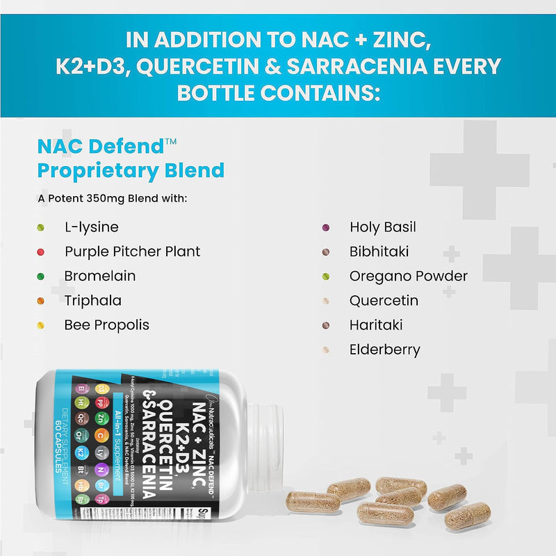 [Australia] - Clean Nutraceuticals NAC Supplement N-Acetyl Cysteine 1000mg Vitamin D3 K2 Zinc Quercetin 1000mg Sarracenia Purpurea 1000mg with Elderberry Holy Basil Bee Propolis Bromelain L-Lysine - 60 Count 
