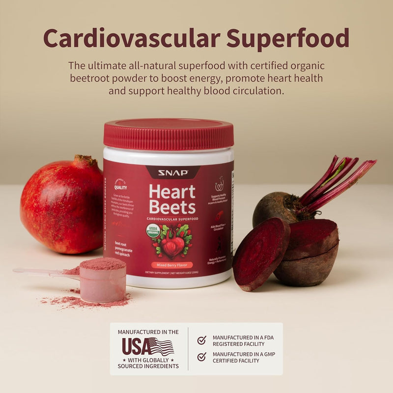 [Australia] - Snap Supplements Heart Beets, Organic Beet Root Powder, Cardiovascular Support Supplement for Men & Women, Beets, Pomegranate, B Vitamins & Red Spinach, Heart Health Support, 30 Servings, Mixed Berry 