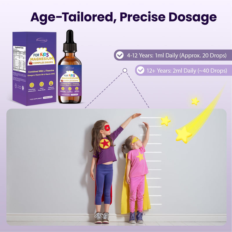 Kids Magnesium Complex Calm Drops | Magnesium Glycinate, L-Theanine, Omega-3, B6, D3K2 | Sleep, Mood & Focus Support | Strawberry Kids Supplement 60ml