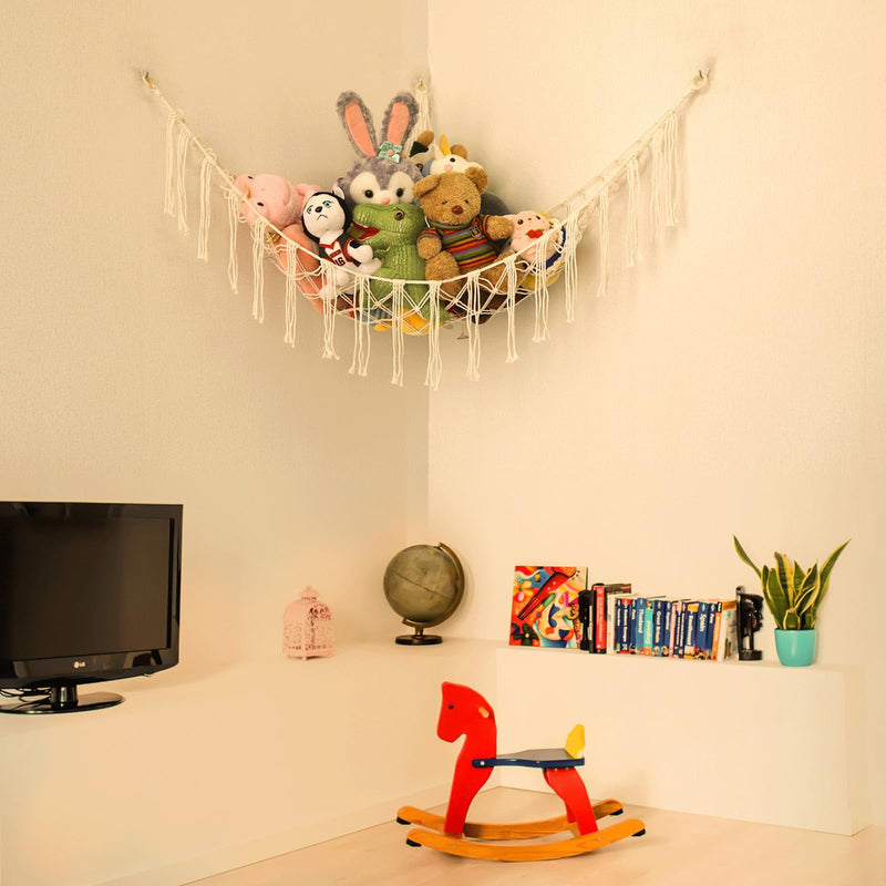 [Australia] - Boho Stuffed Animals Net or Hammock Large,55 inch Toy Hammock Macrame Stuff Animal Storage Corner Hanging Net Holder,Mesh Hammock Plush Toy Organizer with Hooks for Bedroom,Nursery (White) White 