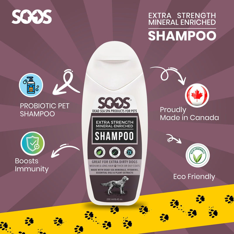 Soos Pets Shampoo Extra Strength for Cat and Dog Shampoo Natural Dead Sea Mineral Enriched Fast Absorbing with Vitamins Essential Oils Natural Ingredients Antib-acterial - 1x 250ml - PawsPlanet Australia