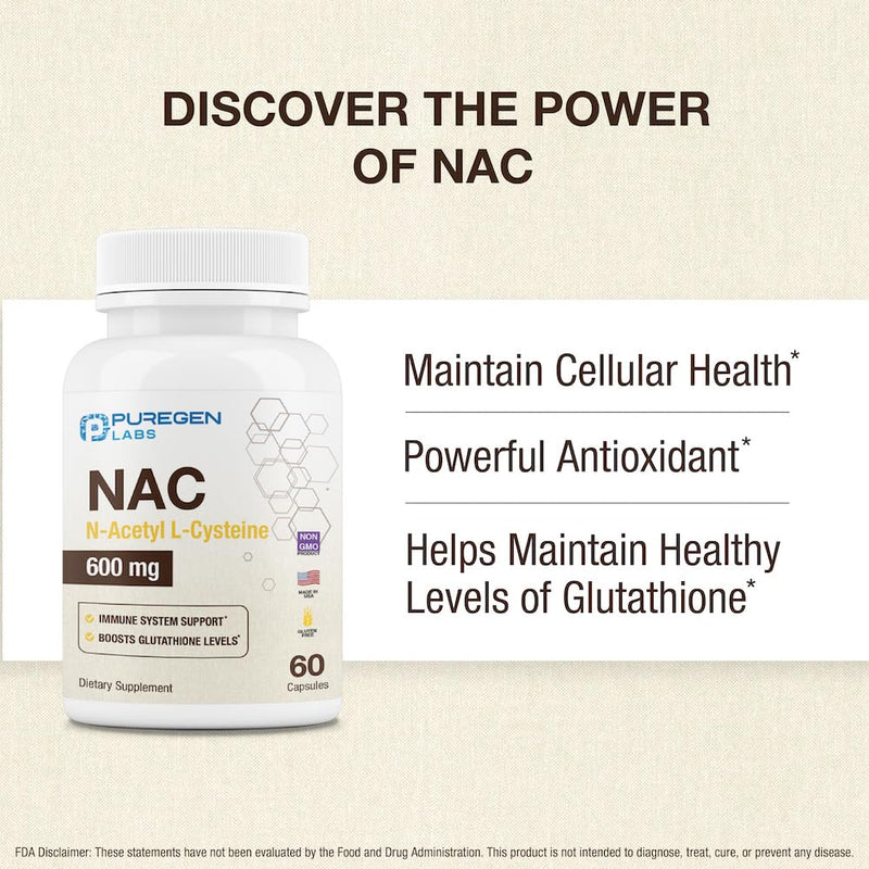 [Australia] - Puregen Labs N-Acetyl-L-Cysteine (NAC) 600mg, Supports immune, respiratory, liver health, NAC 600 mg, potent antioxidant support, free-radicals, easy to absorb - 60 Vegetarian Capsules 1 