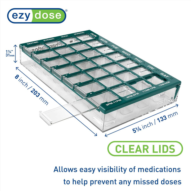 Ezy Dose Pharmadose Weekly 7-Day, 4X/Day Pill Organizer, Green, Medium | 28 Medium Compartment Pill Case, Medicine Planner, Vitamin Organizer with Easy Fill Tray, BPA Free Medium 8"x5.25"x1.25" (Pack of 1)