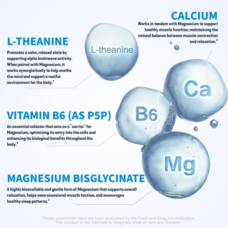 Chelated Magnesium Bisglycinate 200mg with L-Theanine, 60 Capsules | With Calcium & Vitamin B6 (P5P), Designed for a Calm Evening Routine and Normal Muscle Function 60 Count (Pack of 1)