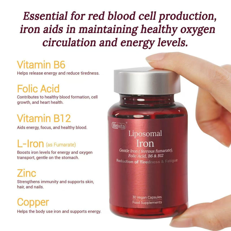 Gentle Liposomal Iron for Women - 17mg - Iron Supplement with Zinc, Folic Acid, B6, B12 & Copper, Fatigue Supplements with High Bioavailability - Vegan Guten Free(30 Capsules, 1 Month Supply)