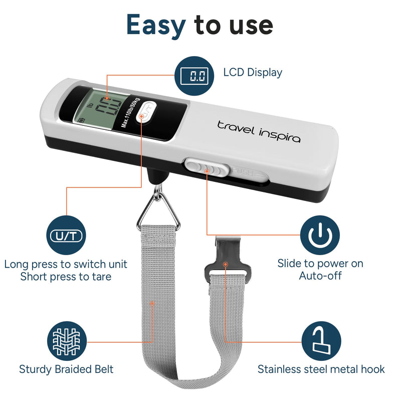 Travel Inspira TSA Approved Luggage Strap - Adjustable Length with Combination Lock and Luggage Scale Battery-Free 110 Pounds, Battery Included