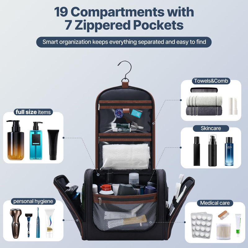 ZAHNI Men’s Hanging Toiletry Bag, Large Capacity Toiletry Organizer | Water-Resistant Toiletry Bag With 360° Hook, Multiple Compartments For Grooming & Shaving, Ideal For Travel & Business, Black
