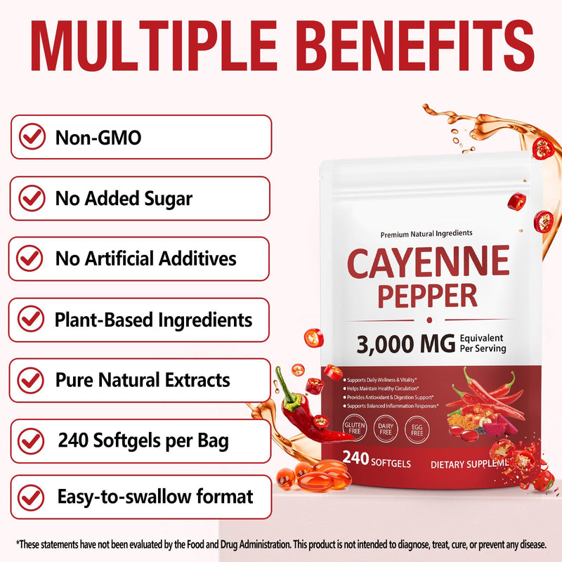 Cayenne Pepper Softgels Supplement 3000 mg , Cayenne Pepper Capsules with Vitamin D3 K2 & E, Grape Seed Extracts, Supports Healthy Blood Circulation, Antioxidant & Digestion Support, 240 Softgels