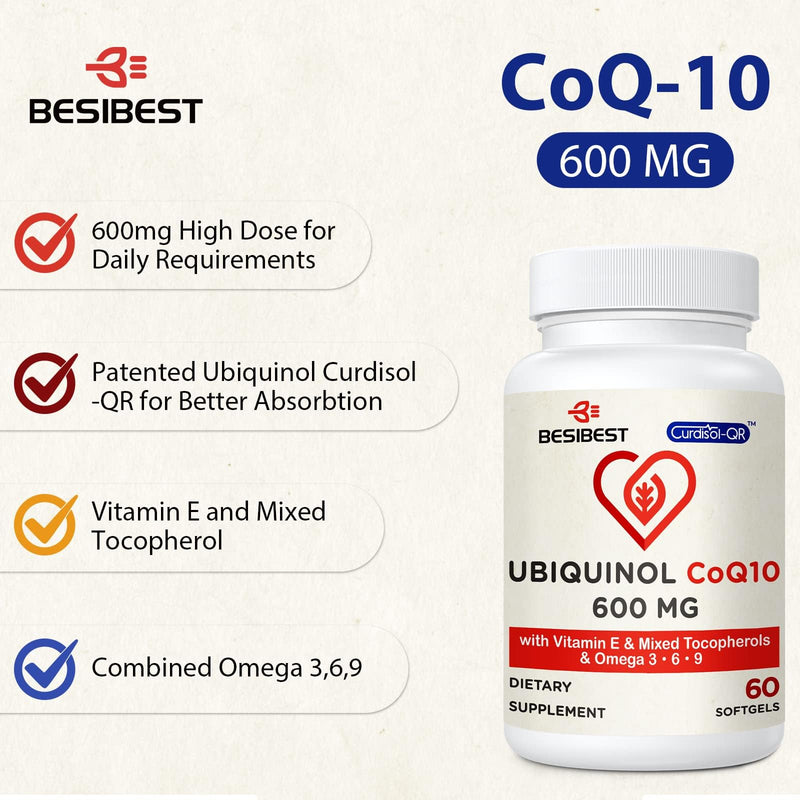 [Australia] - Ubiquinol CoQ10-600mg-Softgel, Active Coq10 Ubiquinol Supplement with Vitamin E & Omega 3, 6, 9, High Absorption-Coenzyme-Q10, Powerful Antioxidant for Energy Production, Tested, 60 Count 60 Count (Pack of 1) 