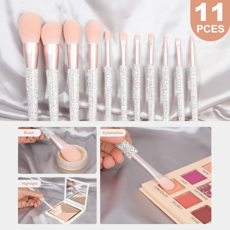 KEYPOWER Large Capacity Glitter Sequin Cosmetic Bag Apricot & 11PCS Makeup Brushes Bling Crystal White