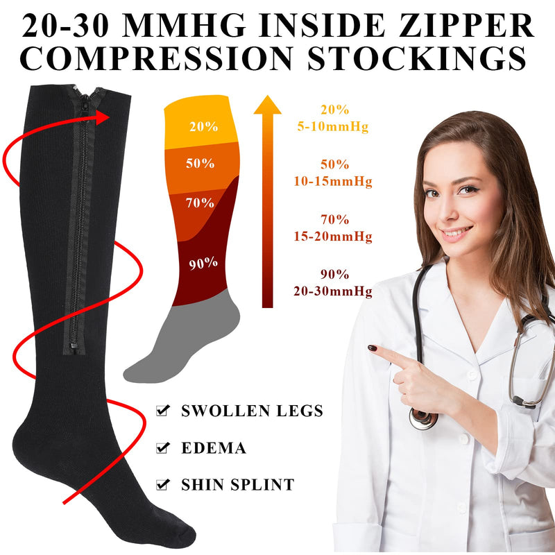 [Australia] - Tarpop 4 Pair Zipper Compression Socks Closed Toe 20-30 Mmhg Calf Knee High Compression Stocking for Men Women Swelling Edema Large Black 
