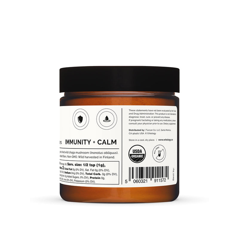 Erbology Organic Chaga Mushroom Powder 50 Servings - 7% Beta-glucans - Immunity Support - Inonotus Obliquus - Small Batch - Sustainably Wild Harvested in Finland - Vegan - Non-GMO - No Added Fillers
