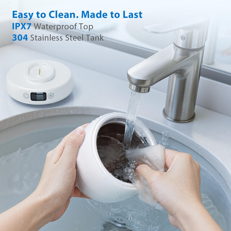 [Australia] - Ultrasonic Retainer Cleaner Machine, 42kHz Professional for Dentures, Aligners, Mouth Guards, Jewelry - IPX7 Waterproof Durable Removable Base and Top Cover, 3 Timer Settings, Quiet White 