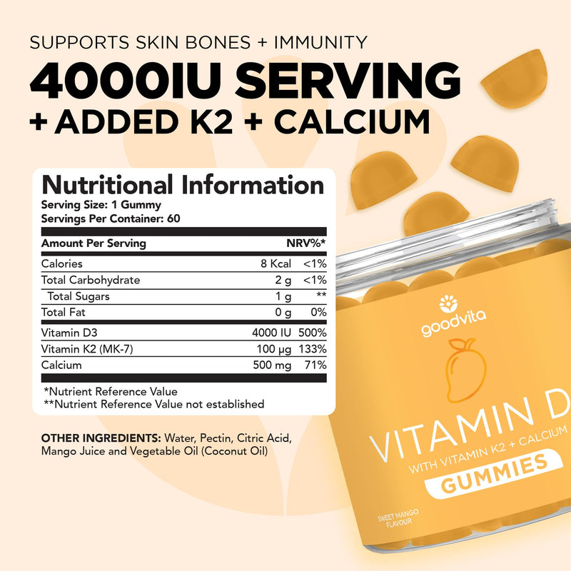 Vitamin D3 + K2 + Calcium Gummies x60 | D3 (4000 IU) K2 MK-7 (100 μg) + Calcium (500mg) | Sweet Mango Flavour | 2 Months Supply | Supports Skin, Bones, Teeth, Immunity | UK Formulated | Vegan