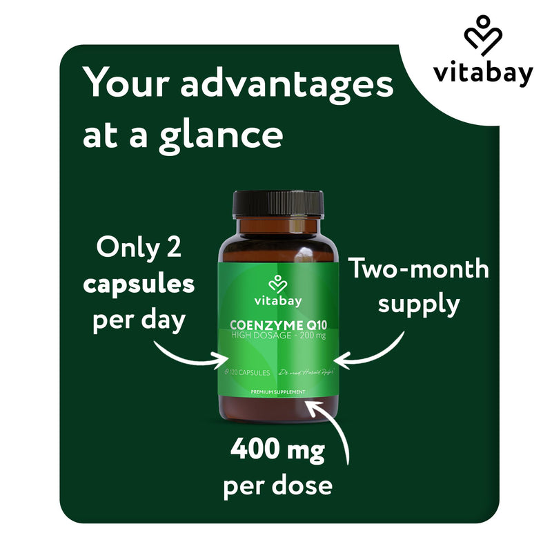 Vitabay Coenzyme Q10 Ubiquinone 200 mg – 120 Vegan Capsules – high Strength CoQ10 – Natural Q10 from Plant Fermentation – additive-Free & 100% Vegan – Laboratory Tested in Germany 120 Count (Pack of 1)